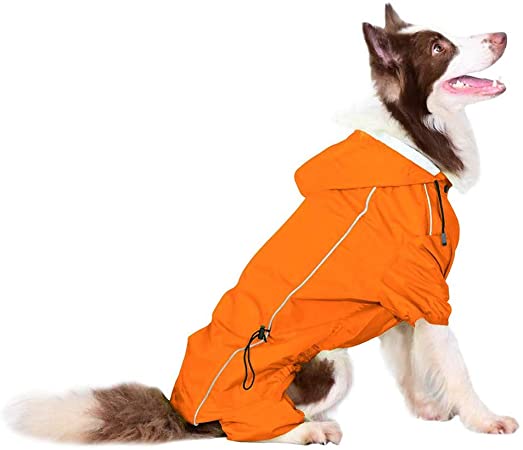 Companet Dog Raincoat Four Feet Adjustable Dog Snow Rain Jacket Dog Rain Poncho with Hood Safe Reflective Stripes for Medium Large Pet