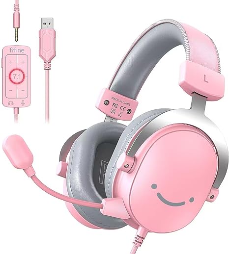 FIFINE Pink 3.5mm/USB Gaming Headset,PC Over-Ear Gamer Headphone with Microphone for Xbox,Computer,PS4/PS5,Streaming Headset with Detachable Mic,7.1 Surround Sound,Soft Earmuffs-AmpliGame H9 Pink