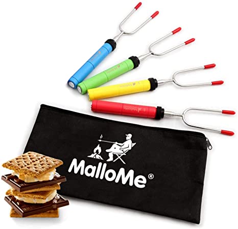 MalloMe Premium Marshmallow Roasting Sticks Set of 4 Smores Skewers & Hot Dog Fork 34 Inch Rotating Extending Patio Fire Pit Camping Cookware Campfire Cooking Kids Accessories – Bonus Bag & Ebook