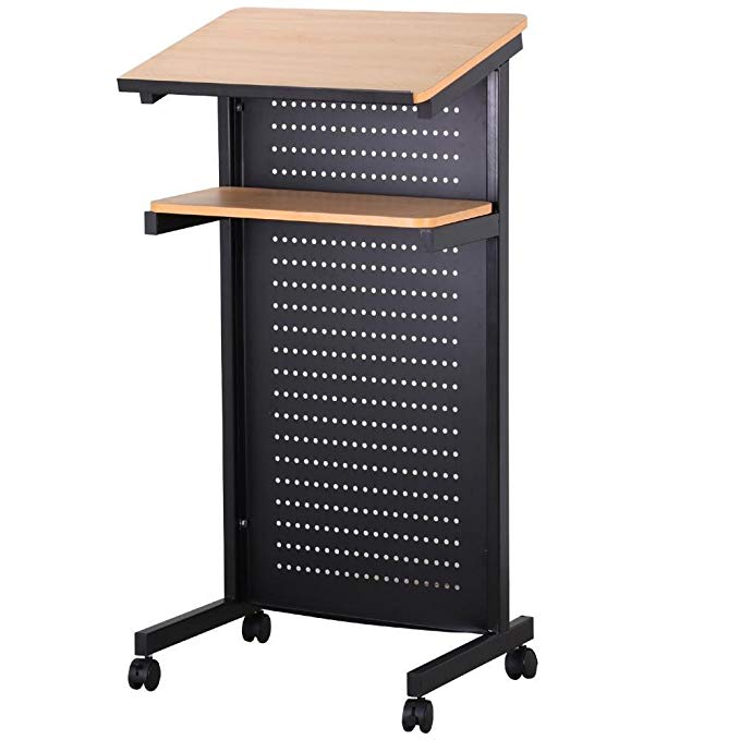 Yaheetech Mobile Lectern Podium Rolling Standing up Desk for Reading - LapTop Stand w/Tilted Top Board & Edge Stopper