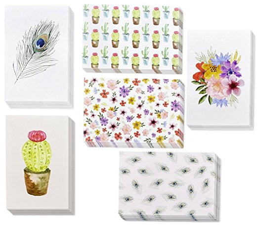 48 Pack All Occasion Assorted Blank Note Cards Greeting Cards Bulk Box Set - 6 Watercolor Designs, Cactus Cacti Floral Flower Peacock Feathers - Notecards with Envelopes Included 4 x 6 Inches