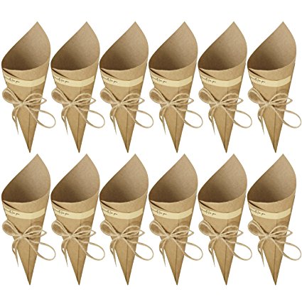 50 PCS Retro Kraft Paper Cones bamboo cones Bouquet Candy Chocolate Bags Boxes Wedding Party Gifts Packing with Hemp Ropes Label Stickers Tape Black