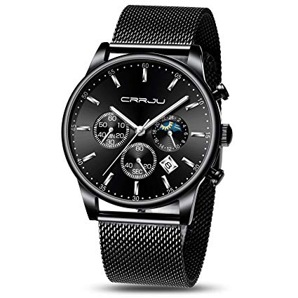 CRRJU Men's Watches Auto Date Chronograph Watch Men Sports Watches Waterproof 30M Full Steel Quartz with Mesh Strap
