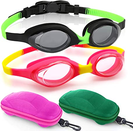 Kids Swimming Goggles, Pack of 2 Swim Goggles for Boys Girls Kid Age 3-12 Child Colorful Swim Goggles Clear Vision Anti Fog UV Protection No Leak Soft Silicone Nose Bridge Protection Case Kids Goggles