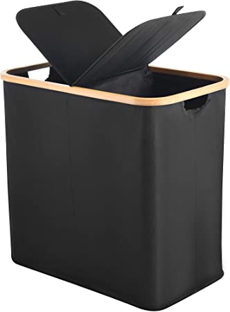 ALINK 107L Divided Foldable Bamboo & Canvas Laundry Basket with Lid and Handles, Tall Double Collapsible Large Laundry Hamper-Waterproof Liner, Great for Adults, Bedroom, Bathroom, Black