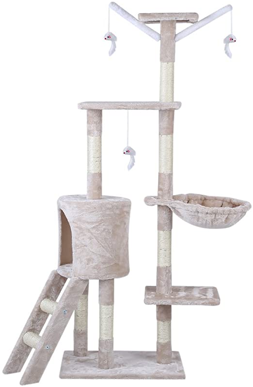 ICOCO Cat scratching post cat tree cat kitten climbing tower with Rope and Hammock Scratches Bed Tree Climbing Toy Activity Center Play Tower House Home Decorative Fuiniture (Beige 143cm)
