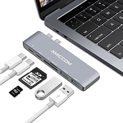 USB-C Hub, Aluminum Type-C Hub Adapter for 2016/2017 MacBook Pro 13" & 15" with 2 Superspeed 50Gbs USB 3.0 Ports, Thunderbolt 3, USB C Charging, USB C Data Port, SD reader