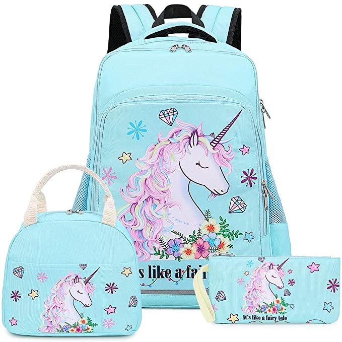 Girls Backpack for Kids Elementary Bookbag Girly School bag Children Laptop Bag (Water Blue - 3 pieces)