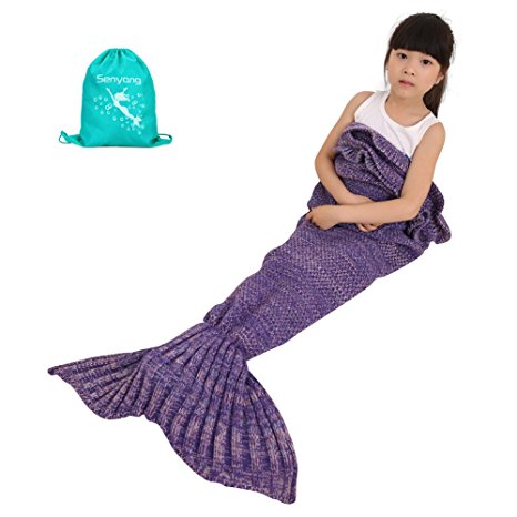 Girls Knitted Crochet Mermaid Tail Blanket ，All Seasons Soft and Warm Sleeping Bag Blanket in Sofa Bed Living Room for Kids (Kids Purple)