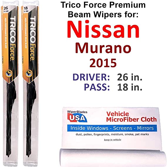 Premium Beam Wiper Blades for 2015 Nissan Murano Set Trico Force Beam Blades Wipers Set Bundled with MicroFiber Interior Car Cloth