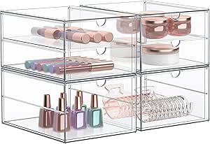 Sorbus Makeup Organizer With 6 Drawers, Acrylic Drawer Organizer for Makeup, Office Organization and Storage, Art Supplies, Jewelry, Stationary - 4 Pcs Clear Stackable Storage Bins Organizer Drawers