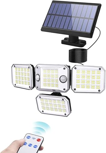 HVIKOV Solar Outdoor Lights,296LED High Brightness,4 Heads Solar Flood Lights,2500LM,with Remote Control,2 Sensors,IP65 Waterproof,with 16.5Ft Cable for Patio, Garage,Porch