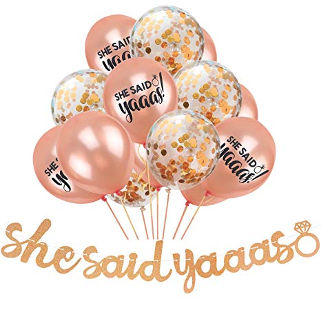 Joymee She Said Yaaas Banner Party Decorations – Pack of 15 Glitter Rose Gold Confetti Balloons for Bachelorette Engagement Wedding Bridal Shower Party Supplies