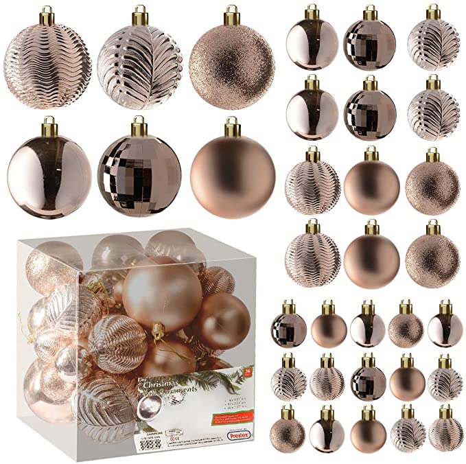 Prextex Champagne Christmas Ball Ornaments for Christmas Decorations - 36 Pieces Xmas Tree Shatterproof Ornaments with Hanging Loop for Holiday and Party Decoration (Combo of 6 Styles in 3 Sizes)