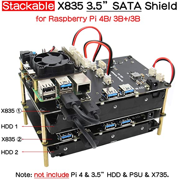Geekworm Raspberry Pi Cluster SATA Adapter 3.5", Stackable X835 12V 3A 3.5 inch SATA HDD Storage Expansion Board for Raspberry Pi 4 Model B/Pi 4/3B /3B/2B