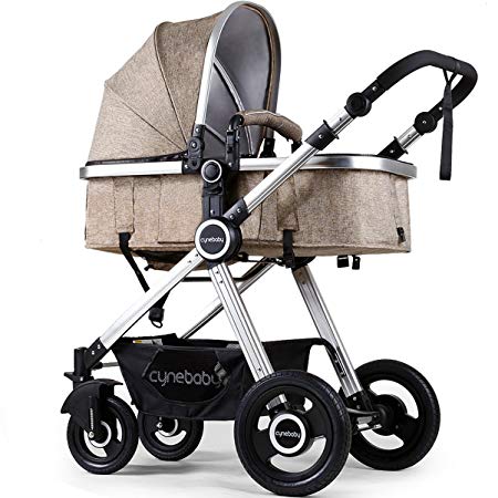 Newborn Baby Stroller Pram Stroller Folding Convertible Carriage Luxury Bassinet Seat Infant Pushchair with Foot Muff(Light Camel)