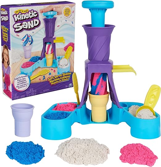 Kinetic Sand, Soft Serve Station with 14oz of Play Sand (Blue, Pink and White), 2 Ice Cream Cones and 2 Tools, Sensory Toys for Kids Aged 5 and up