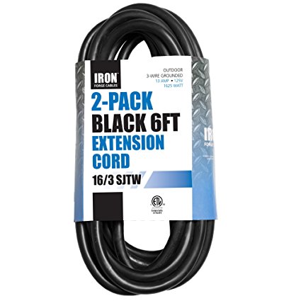 2 Pack of 6 Ft Outdoor Extension Cords - 16/3 Heavy Duty Black Extension Cord Pack