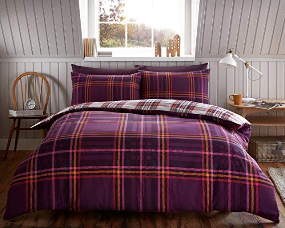 EDS Tartan Check flannelette, 100% Brushed Cotton duvet cover and Pillowcases Thermal Bedding set, King, Purple