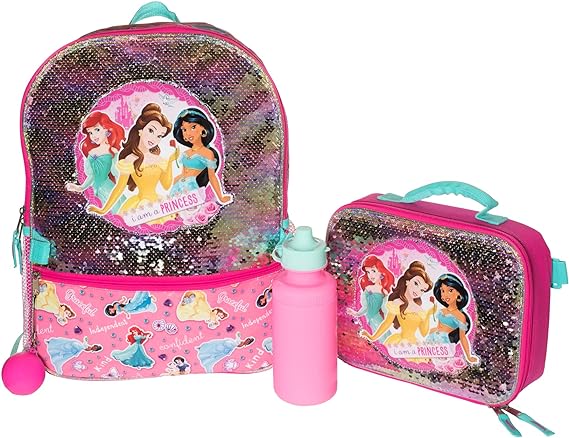 Disney Princess 4 Piece Backpack Set, Flip Sequin 16" School Bag for Girls with Front Zip Pocket, Pink