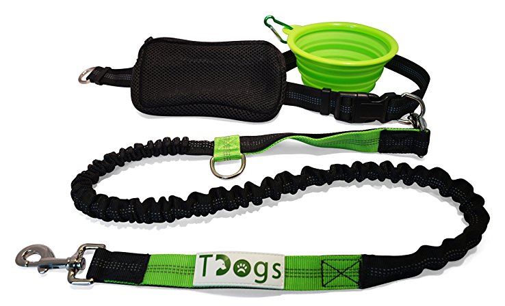 Hands Free Running Dog Lead by Tdogs - Premium Dog walking / Jogging Belt with Collapsible Clip on Dog Bowl - Heavy Duty Design for up to 85kg – Reflective stitching, Dual Handle and Pouch – Fitness and Dog Walking All in One.