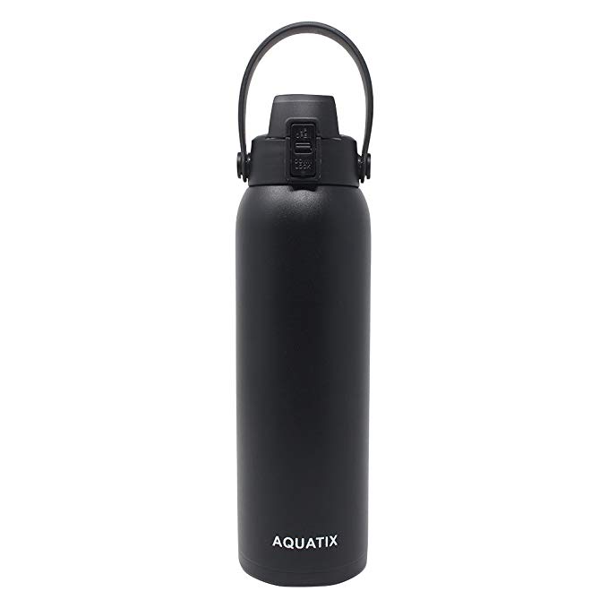 New Aquatix (Black, 32 Ounce) Pure Stainless Steel Double Wall Vacuum Insulated Sports Water Bottle Convenient Flip Top Cap with Removable Strap Handle - Keeps Drinks Cold 24 hr/Hot 6 hr