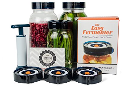 Easy Fermenter Wide Mouth Lid Kit: Simplified Fermenting In Jars Not Crock Pots! Make Sauerkraut, Kimchi, Pickles Or Any Fermented Probiotic Foods. 3 Lids, Extractor Pump & Recipe eBook - Mold Free