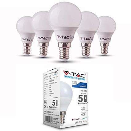 V-TAC 5.5W Energy Saving P45 Golf Ball LED Bulb 40W Equivalent with Samsung LED E14 SES (Small Edison Screw) 4000K Day White Colour Non Dimmable 5 Pack