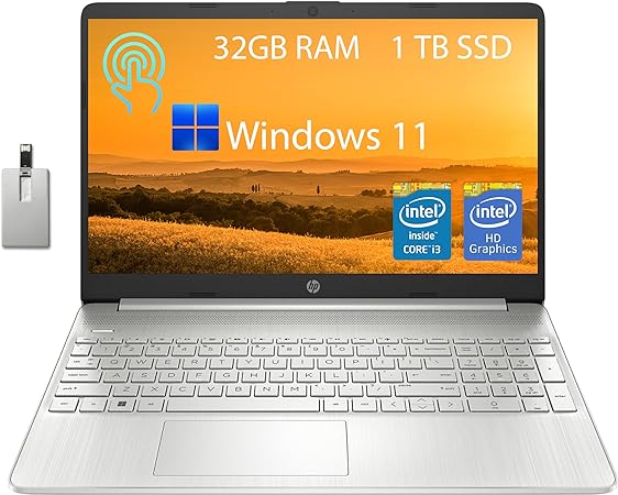 HP 15.6" HD Touchscreen Laptop, Intel Core i3-1215U Processor, 32GB DDR4, 1TB PCIe SSD, Intel HD Graphics, WiFi, 720p HD Camera, Win 11, Natural Silver, 32GB Hotface USB Card