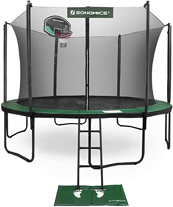 SONGMICS 15-Foot Trampoline with Enclosure Net, Basketball Hoop, Jumping Mat, Safety Pad, Ladder, Outdoor Backyard Trampolines, Green USTR15GN