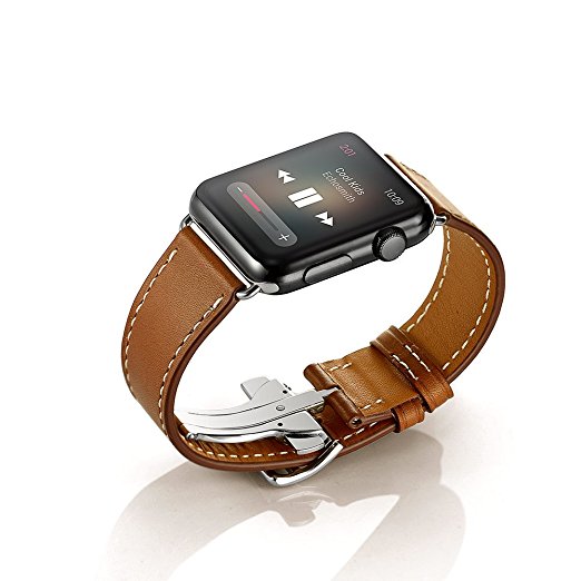 Elobeth for Apple Watch Band ,Single Tour Deployment Buckle Apple Watch Leather Band, iWatch Band Genuine Leather Band Bracelet Wrist Watch Band with Adapter for Apple Iwatch (42mm Brown)
