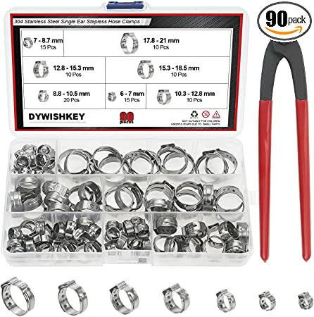 DYWISHKEY 304 Stainless Steel Single Ear Stepless Hose Clamps with Pincers Kit (90 PCS)