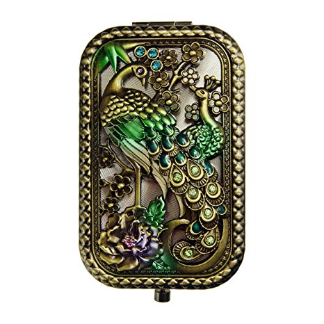 Ivenf Antique Vintage Square Compact Purse Mirror Wedding / Christmas / Birthday Gift, Peacock King Closed Tail, Bronze