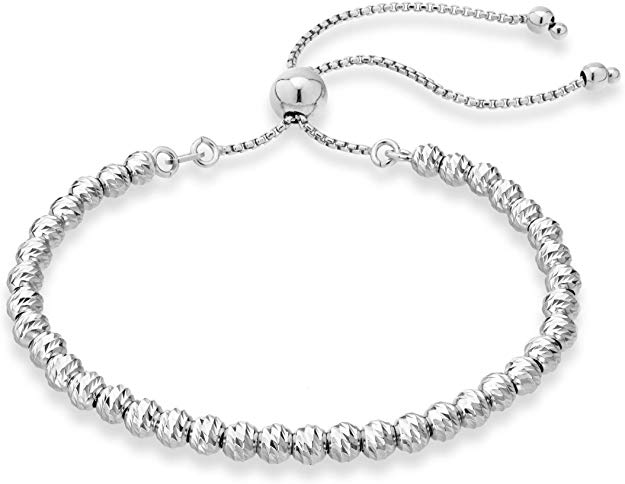 MiaBella 925 Sterling Silver Diamond-Cut Adjustable Bolo 4mm Bead Bracelet for Women, Handmade Italian Beaded Ball Chain Bracelet, Choice White or Yellow