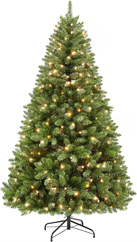 Hykolity 7.5 ft Prelit Christmas Tree, Artificial Christmas Tree with 450 Warm White Lights, 1450 Tips, Metal Stand and Hinged Branches