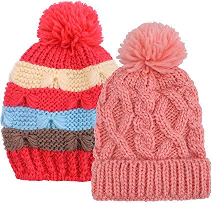 Arctic Paw Kids and Toddlers' Chunky Cable Knit Beanie with Yarn Pompom - Set of 2