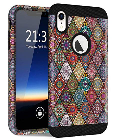 iPhone XR Case, Hocase Slim Fit Shockproof Protection Hard Plastic Back Cover Silicone Rubber Hybrid Double Layer Protective Phone Case for iPhone XR w/ 6.1" Display 2018 - Mandala Flowers/Black