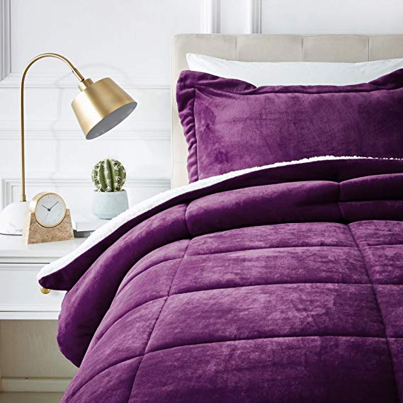 AmazonBasics Micromink Sherpa Comforter Set - Ultra-Soft, Fray-Resistant -  Twin, Plum