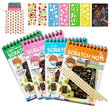 Scratch Art Notebooks, Rainbow Scratch Art Papers for Kids Arts and Crafts, 4PCS Rainbow Scratch Art Notebooks and 4 Wooden Styluses, Cute Unique Gift Idea for Kids, Girls, Boys, Women, or Anyone!
