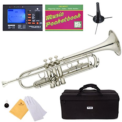 Mendini MTT-N Nickel Plated Bb Trumpet   Tuner, Case, Stand, Mouthpiece, Pocketbook & More