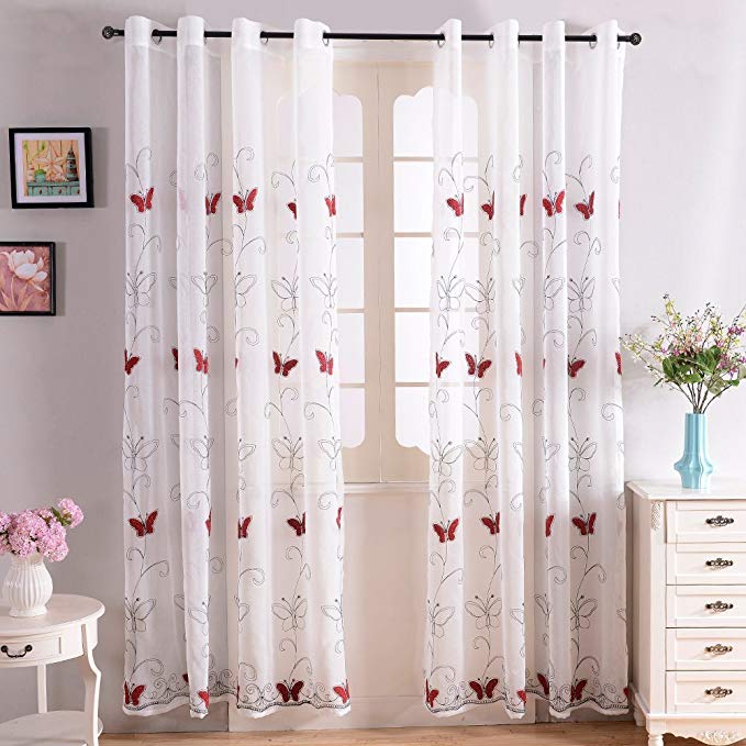 Topfinel Cute Butterfly Motifs Embroidery Net Permeable Voile Curtains Eyelet Window Treatments Decoration for Girls Children Bedroom Livingroom 54x84 Drop,Single Panel,Red