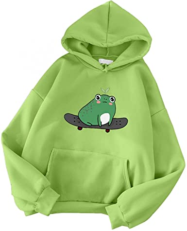 Aniywn Frog Hoodie Sweatshirt for Women Teen Girls Cute Skateboarding Frog Long Sleeve Hoodie Pullover Tops Blouse