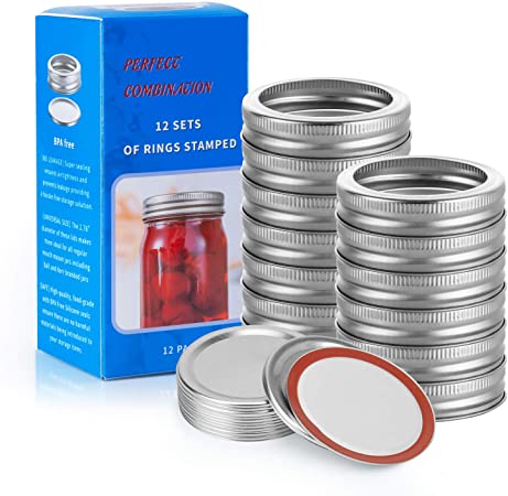 12 PCS Regular Mouth Canning Lids and Bands, Lids for Mason Jar Canning Lids Leak Proof Storage Jar Caps and Bands, Split-Type Canning Jar Lids Silver Metal Airtight Lids