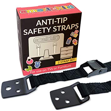 SmartChild Anti Tip Safety Straps | Anchor Flat Screen TV or Furniture to Wall | Extra Strong Metal (Nickel Effect) | Baby & Child Proof, Seniors Safety, Earthquake & RV Protection (2 x Black Straps)