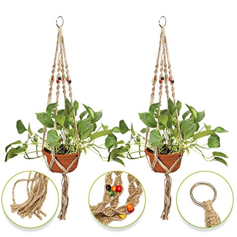 Indoor & Outdoor Decorative Flower & Plant Round & Square Pot Handmade Hanger – Natural, Organic, Beaded Jute – Home & Garden Décor - 4 Legs 40" - Keep Your Plants Safe From Children & Pets