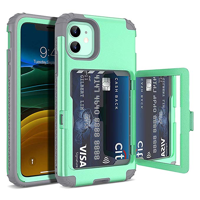 iPhone 11 Wallet Case - WeLoveCase Defender Wallet Credit Card Holder Cover with Hidden Mirror Three Layer Shockproof Heavy Duty Protection All-Round Armor Protective Case for Apple iPhone 11 Mint