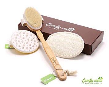 Body Brush & Cellulite Reduce Massager Set for Body Scrub & Dry Skin Brushing, Bath & Shower with 100% Natural Bamboo Boar Bristle Long Handle, Exfoliate Skin, Improve Circulation - Perfect As a Gift
