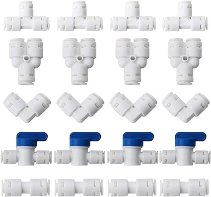CESFONJER 20 Pcs RO Water Filter Fitting,1/4"Pushfit Straight Connector for Water Pipe, Push in to Connect Water Tube Fitting (Y T I L Type Combo   Shut-Off Valve) Upgraded Version Without Blue Buckle