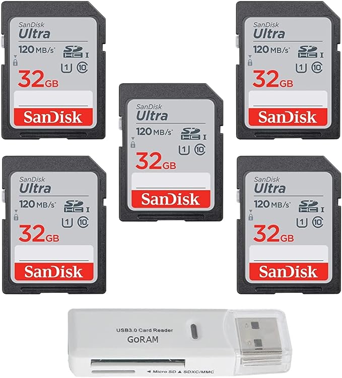 SanDisk 32GB Ultra SDHC UHS-I Class 10 Memory Card 120MB/s U1, Full HD, SD Camera Card SDSDUN4-032G (5 Pack) Bundle with (1) GoRAM USB 3.0 Card Reader