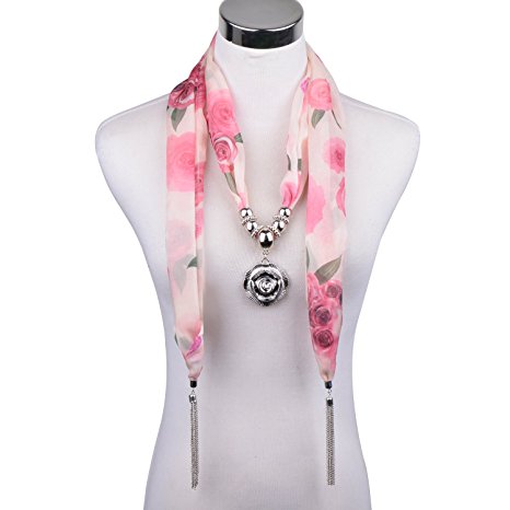 LERDU Women's Sheer Chiffon Floral Heart Pendant Scarf with Silver Chain Tassels